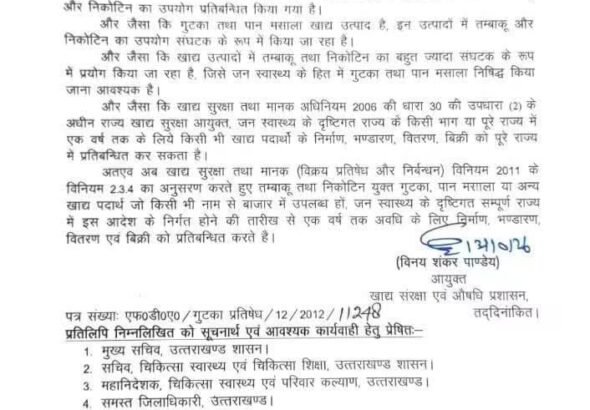 उत्तराखंड में गुटखा और पान मसाला पर एक साल के प्रतिबंध से जुड़ी खबर
