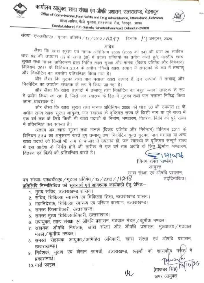 उत्तराखंड में गुटखा और पान मसाला पर एक साल के प्रतिबंध से जुड़ी खबर